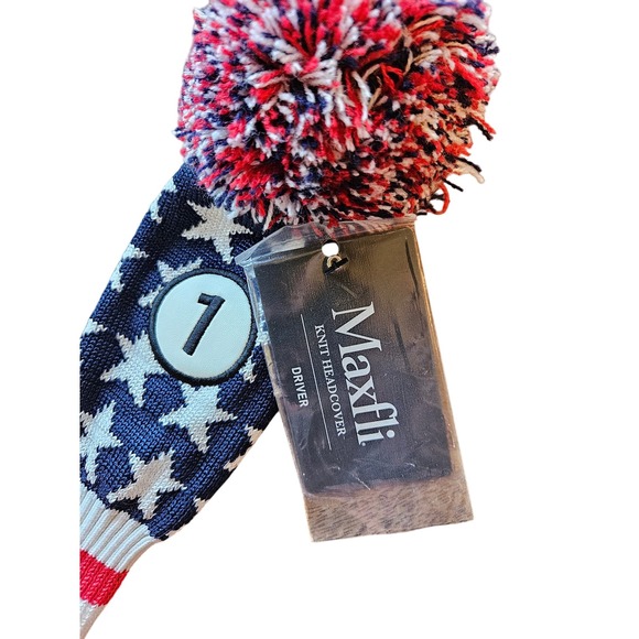 NEW! Maxfli Driver Knit Headcover Red White Blue USA Flag Stars Pom Pom - Picture 2 of 3